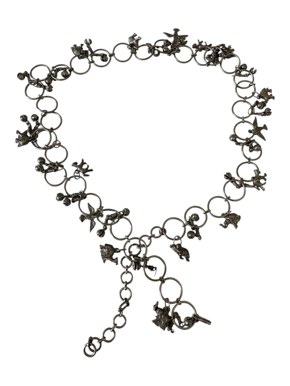 Whimsical Vintage Artisan Silver-Tone Nature Charm Belt with Bells